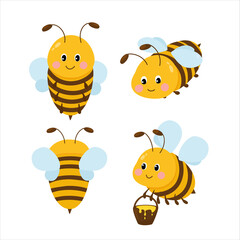 Cute friendly bees set. Vector illustration animal of honeybee on white background in cartoon style.