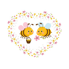 Two cute friendly bees set. Vector illustration animal of honeybee on white background in cartoon style.