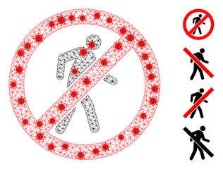 Obraz premium Net no pedestrian walking with infection style. Polygonal carcass no pedestrian walking image in low poly style with structured linear items and red virus centers.