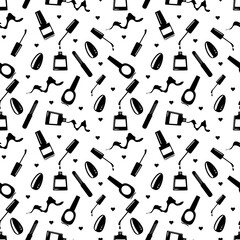 Seamless pattern of painted nail, file, nail polishes, hand, dripping varnish, beautiful manicure, hearts.