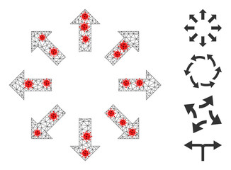 Polygonal expand arrows with outbreak style. Polygonal wireframe expand arrows image in low poly style with connected lines and red virus items.