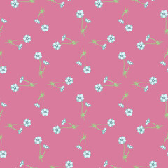 Ditsy seamless pattern with little blue anemone flowers ornament. Pink background. Summer style.