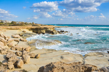 Fototapeta na wymiar The coast of Cape Drepano, due to its geological structure, is famous for its quaint landscape and is one of the natural attractions of Cyprus. 