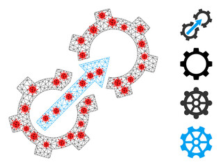 Mesh gear integration in infection style. Mesh carcass gear integration image in low poly style with structured linear items and red covid items.