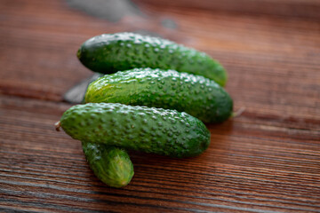 Fresh cucumbers on a dark wooden background.