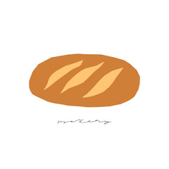 Loaf of bread with handwritten bakery text. Flat vector illustration of whole bread on the white background. Paper cutout stylization