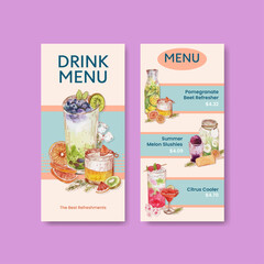 Menu template with refreshment drinks concept,watercolor style