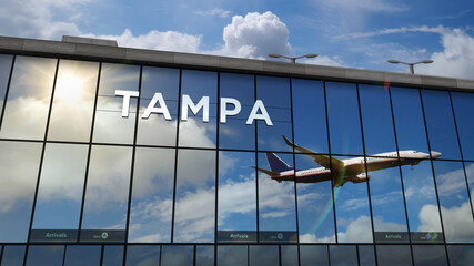 Airplane landing at Tampa Florida, USA airport mirrored in terminal - obrazy, fototapety, plakaty