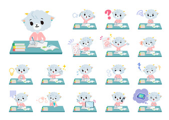 勉強に関するひつじの女の子のセット