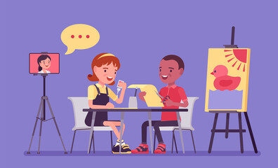 Kindergarten online classroom, children in distance learning. Boy and girl having a lesson, educational games, preschool classes for kids with virtual schooling. Vector flat style cartoon illustration