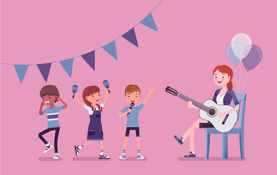 Kindergarten music party, female teacher playing guitar. Preschool singing classroom, birthday dance, children fun and learning activities, decoration. Vector flat style cartoon illustration on pink