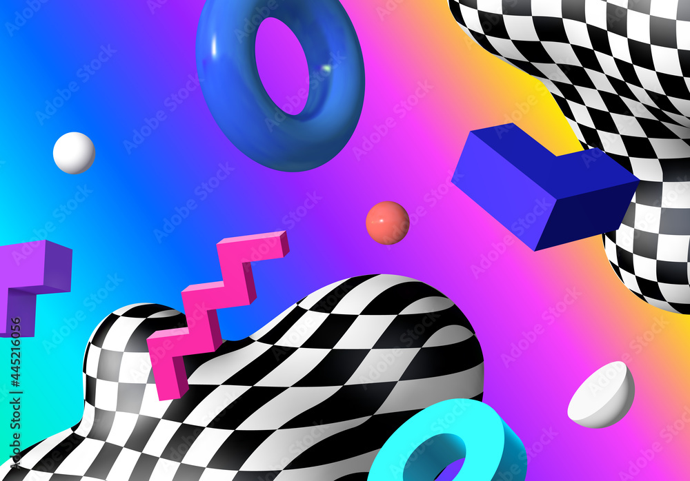 Poster Abstract background with flying colorful 3D geometric shapes over vibrant gradient backdrop. Lush and bold colored abstraction with checkered shape in 90s style.