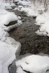 
A creek with frozen banks on a winter day