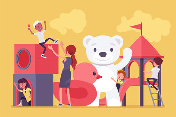 Kindergarten playground fun, happy children playing outdoor. Modern city playpark, daycare recreation for kids and female teacher in summer preschool camp. Vector flat style cartoon illustration