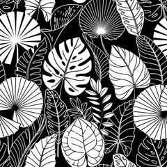 Foto op Plexiglas Naadloze patroon met witte tropische bladeren op zwarte achtergrond. © Liudmyla Klymenko
