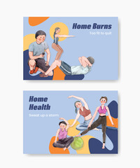 Facebook template with exercise at home concept,watercolor style