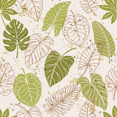Seamless pattern with green tropical leaves on background.