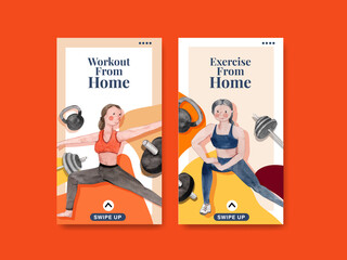 Instagram template with exercise at home concept,watercolor style