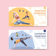 Obraz premium Twitter template with exercise at home concept,watercolor style