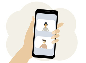 Illustration of a mobile phone in hand depicting an online meeting.