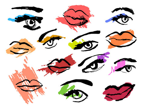 Vector Drawn Linear Illustration with a set of makeup for a Face. Different Eyes are depicted with colored Eyeshadows, Mascara, there are lips with lipstick. The concept of makeup, cosmetics, beauty.