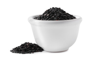 Raw black sesame seeds with bowl on white background