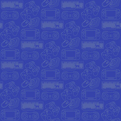retro and current video game controllers, keyboard and gadgets background with seamless pattern. for presentation background, textile, print.