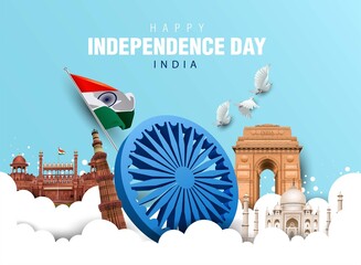 Happy Independence Day India 15th august. Indian monument and Landmark with background , poster, card, banner. vector illustration design