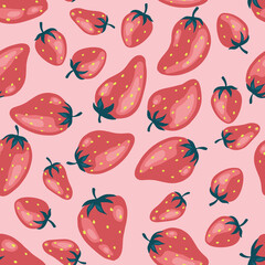 Strawberries pattern, colorful seamless vector pattern with hand drawn summer berries, pink and red fruit, good as fabric print, colored cartoon illustrations