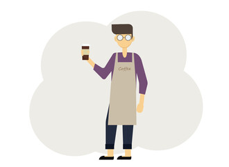 Illustration of barista man with glasses of coffee and in uniform with aprons