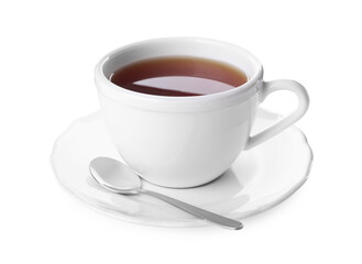 Cup of aromatic hot tea isolated on white