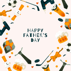 A father's Day card with many elements in a modern trendy style. Happy Father's Day sign in the center. Gift, razor, screwdriver, wrist watch, tie, bow tie, soccer ball, hockey stick and puck, beer mu