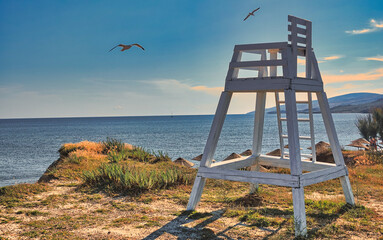 a lifeguard stool made of old wood with some seagulls