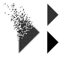 Dust dot arrowhead right pictogram with wind effect, and halftone vector symbol. Pixelated dissipating effect for arrowhead right reproduces speed and movement of cyberspace items.