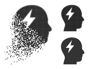 Shredded pixelated brainstorming icon with wind effect, and halftone vector icon. Pixelated burst effect for brainstorming demonstrates speed and motion of cyberspace objects.