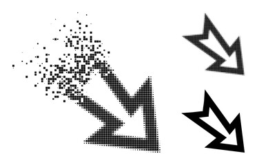 Disappearing pixelated arrow right down icon with destruction effect, and halftone vector image. Pixelated dissolving effect for arrow right down reproduces speed and motion of cyberspace objects.