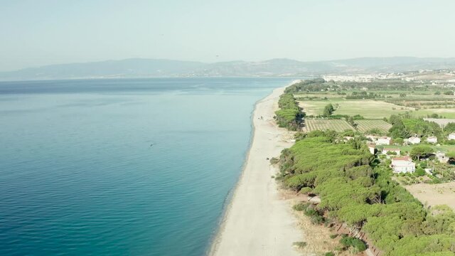 Aerial view of beautiful sea and beach at sunny day, Simeri Mare, Calabria, Southern Italy