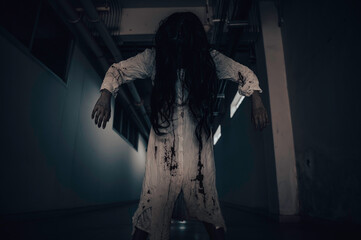 Portrait of asian woman make up ghost,Scary horror scene for background,Halloween festival...