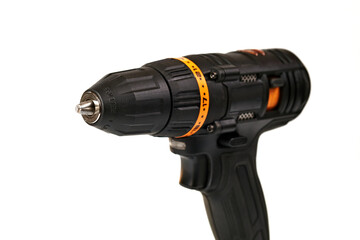 black cordless drill, isolate on white background, close-up