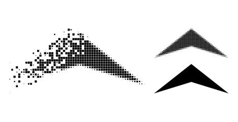 Dissipated dot arrowhead up icon with destruction effect, and halftone vector icon. Pixel degradation effect for arrowhead up demonstrates speed and motion of cyberspace objects.