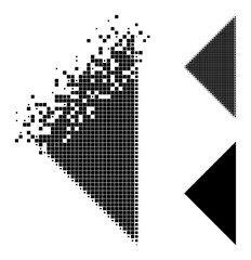 Destructed pixelated arrowhead left pictogram with destruction effect, and halftone vector composition. Pixelated destruction effect for arrowhead left shows speed and motion of cyberspace items.