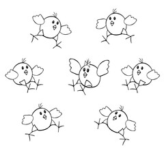 One yellow and Group of fan outline black Vector Easter chickens run on a white background