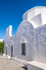 Church in a Greek island, Cyclades. Greece. Stavros white chapel in Sifnos Apollonia town.
