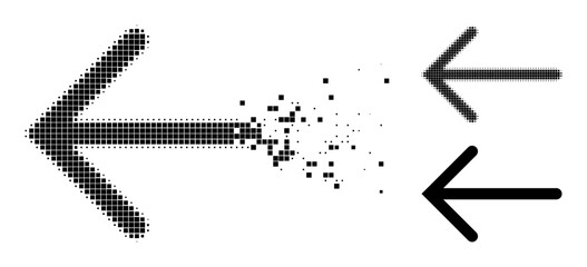 Dispersed dotted arrow left glyph with destruction effect, and halftone vector image. Pixel disintegrating effect for arrow left gives speed and motion of cyberspace concepts.