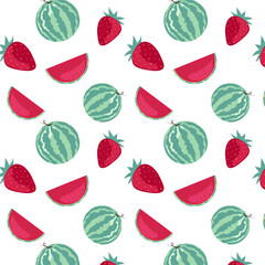Pattern with red strawberries, whole and a bunch of watermelon on a white background. Bright summer pattern.