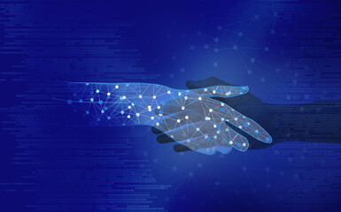 Say hellow to the AI or Artificial intelligence concept, human hand handshake with computer Artificial intelligence graphic hand with binary numbers and dark gradient blue background