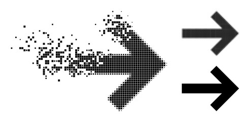 Dissipated pixelated arrow right glyph with wind effect, and halftone vector pictogram. Pixelated explosion effect for arrow right shows speed and movement of cyberspace items.