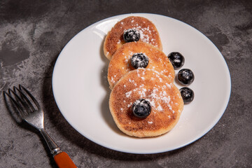 Healthy breakfast. Cheesecakes with blueberries. Close-up
