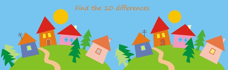 Village, find 10 differences, vector illustration, game