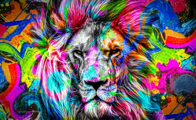 Gardinen Farbenfroh colorful artistic lion muzzle with bright paint splatters on dark background.  © reznik_val